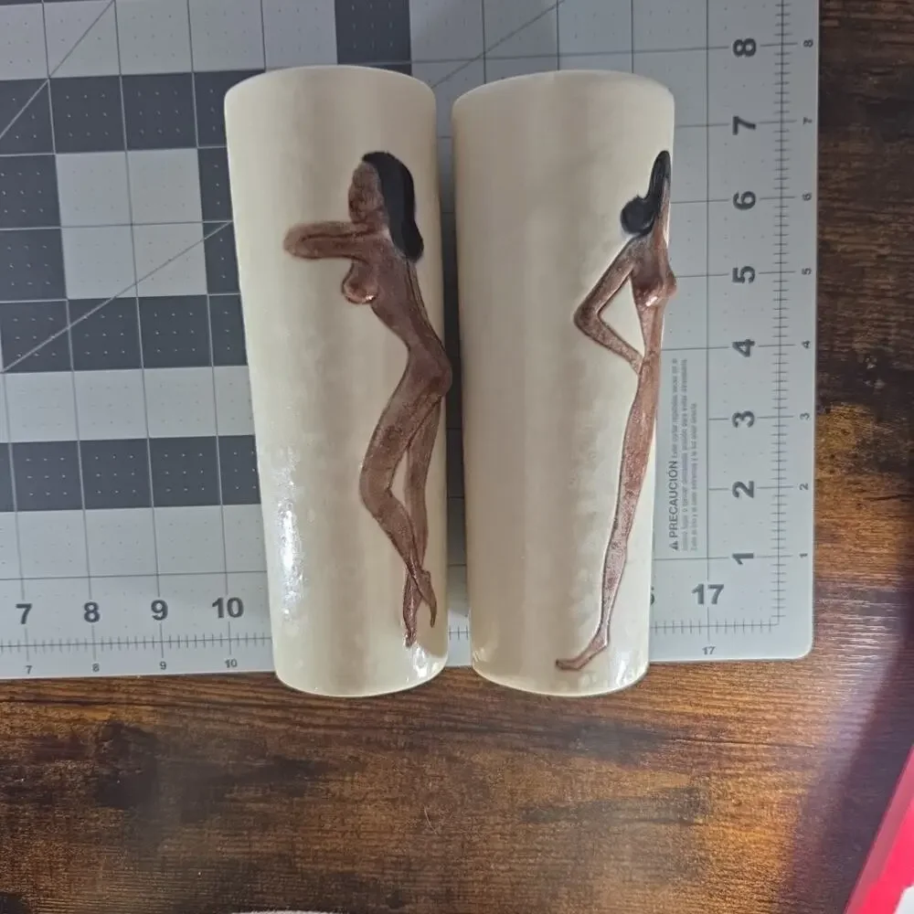 Vtg 1960s Sexy Naked Ladies Risque 3D Tumbler Glasses Tiki Barware Nude Naughty‎